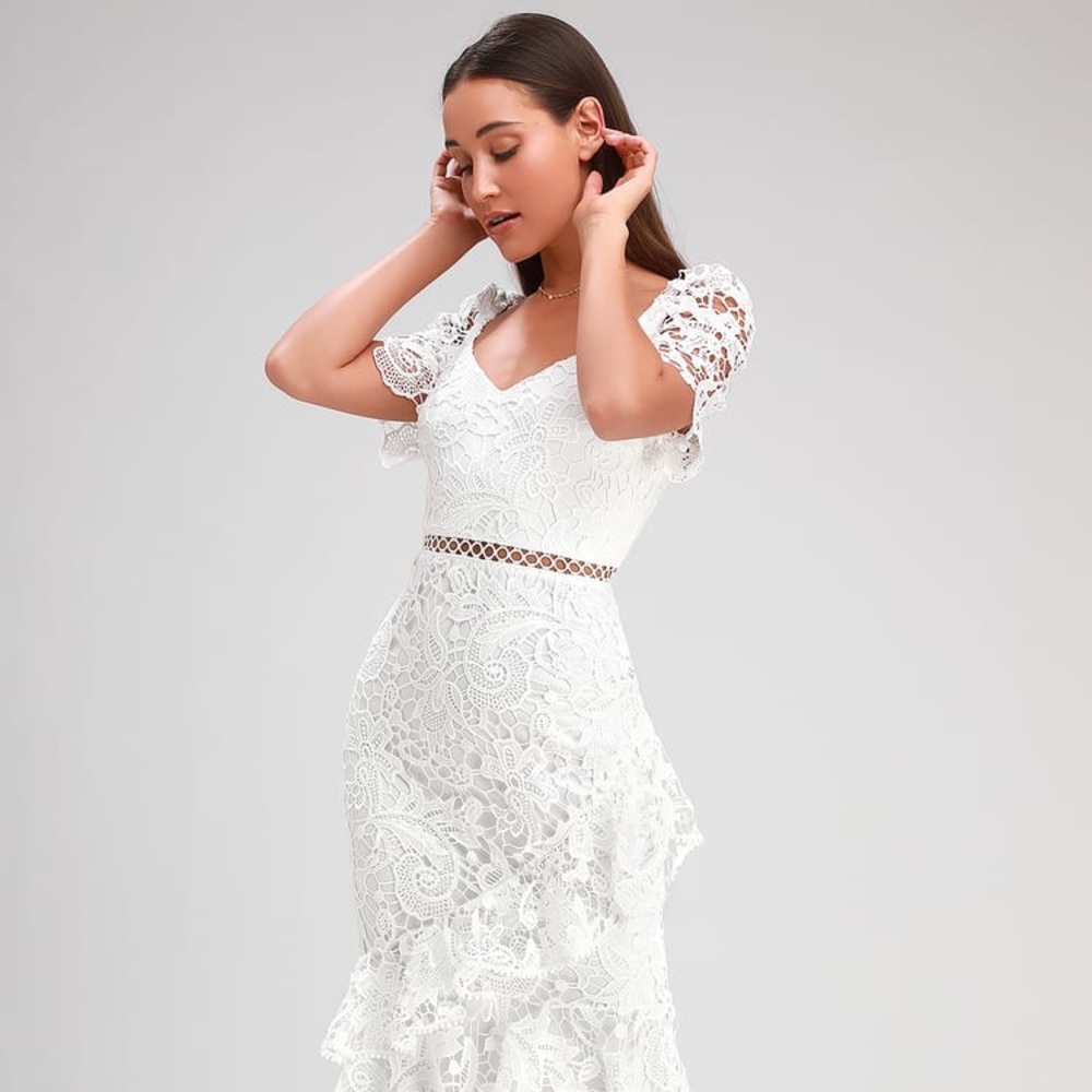 Lulus Briarwood White Lace Ruffled Midi Dress